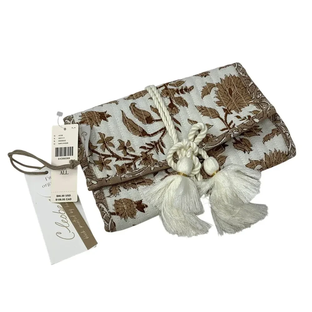 Anthropologie Cleobella Jewelry Holder Or Clutch Organic Cotton Brown White NEW